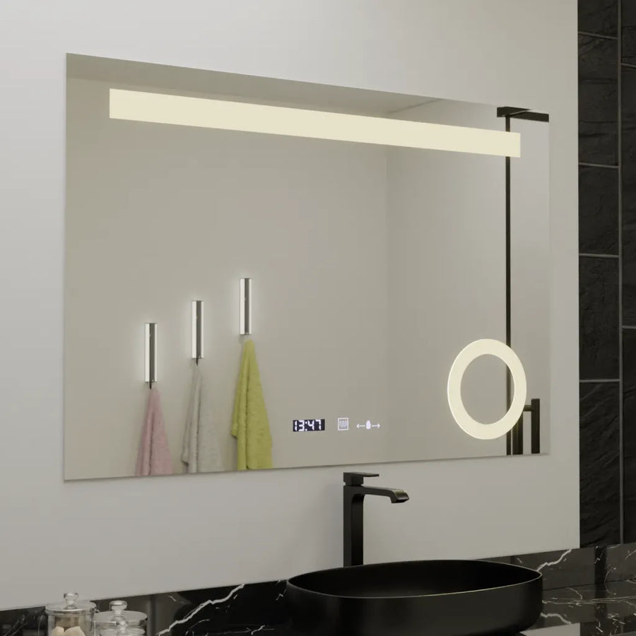 Miroir LED rectangulaire, 120x80cm, ABSOLU MotionGlow Marcello, système anti-buée, horloge et thermomètre, loupe cosmétique, variable