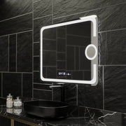Miroir LED rectangulaire, 80x60 cm, Eclat MotionGlow Marcello, système anti-buée, horloge et thermomètre, loupe cosmétique, intensité variable