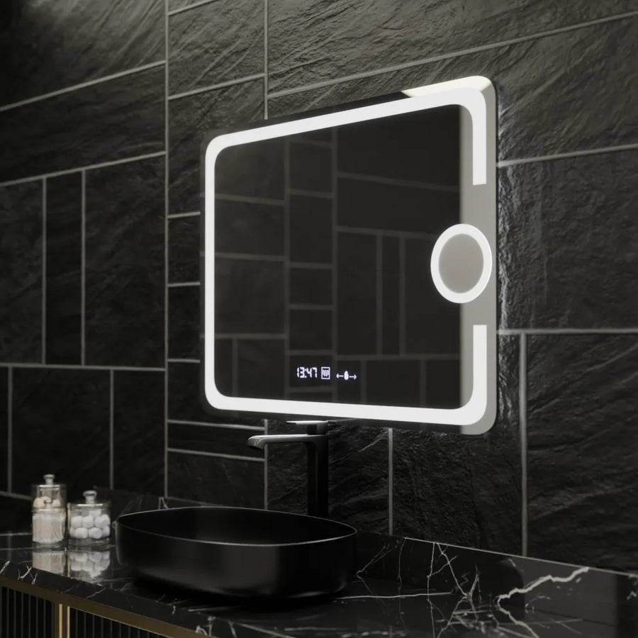 Miroir LED rectangulaire, 80x60 cm, Eclat MotionGlow Marcello, système anti-buée, horloge et thermomètre, loupe cosmétique, intensité variable