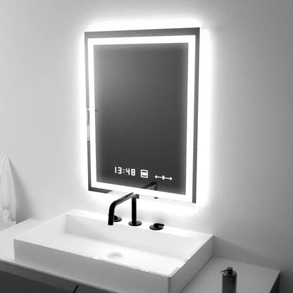 Miroir LED rectangulaire, 45x60 cm, Verite MotionGlow Marcello, système anti-buée, horloge et thermomètre, intensité variable
