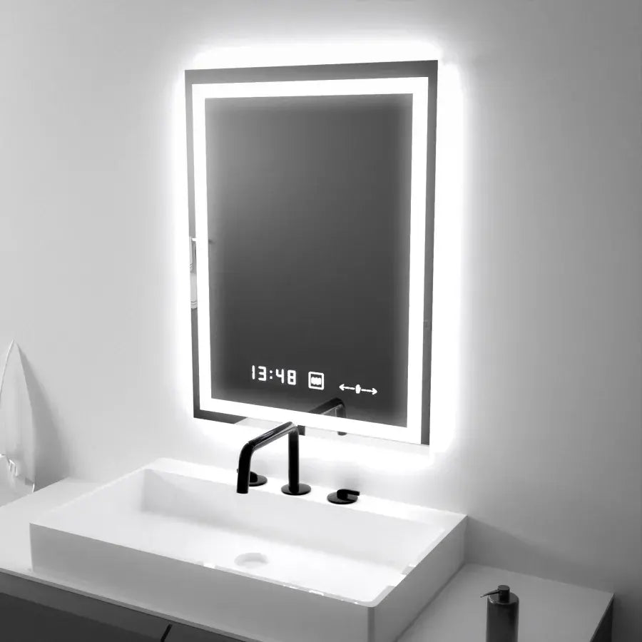 Miroir LED rectangulaire, 45x60 cm, Verite MotionGlow Marcello, système anti-buée, horloge et thermomètre, intensité variable