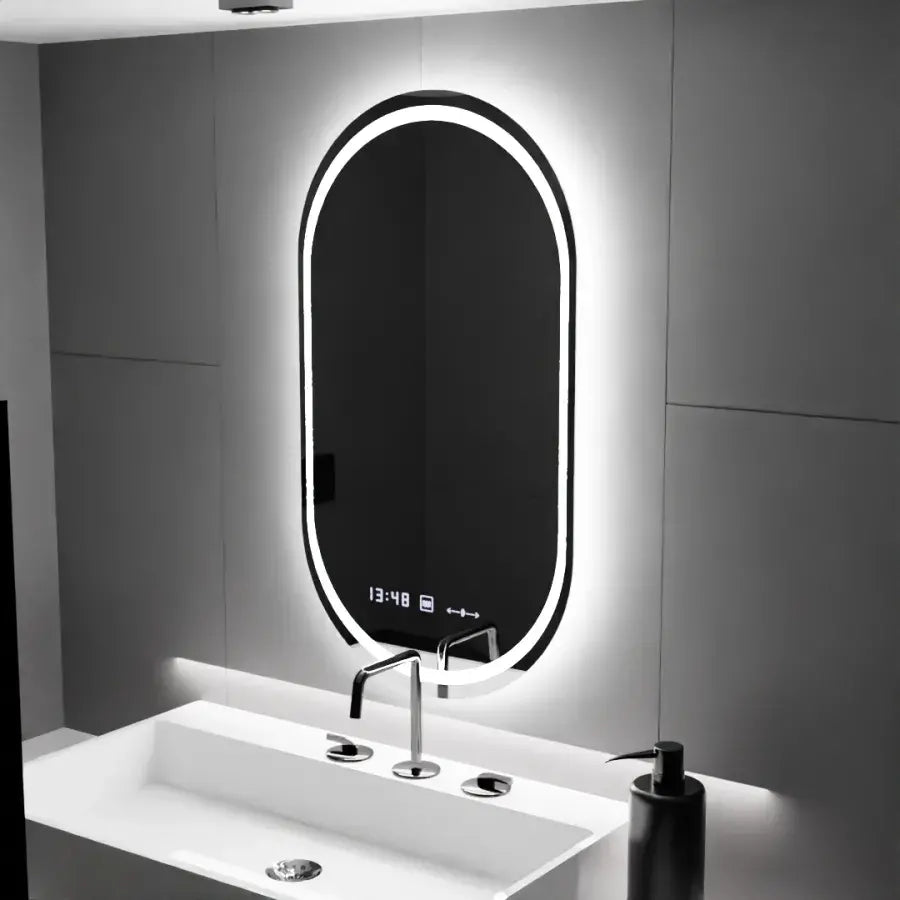 Miroir LED ovale, 60x80cm, Eminence MotionGlow Marcello, système anti-buée, horloge et thermomètre, intensité variable