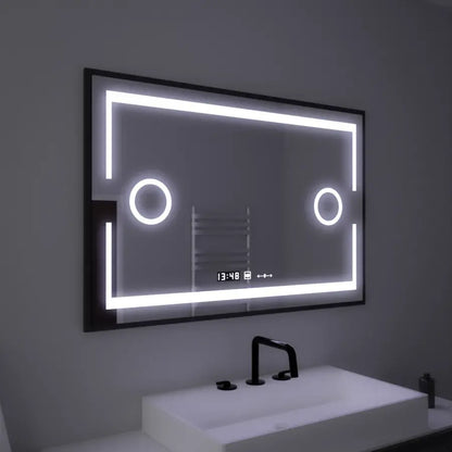 Miroir LED rectangulaire, 120x80cm, capteur Marcello MotionGlow, système anti-buée, horloge et thermomètre, loupe cosmétique, intensité variable