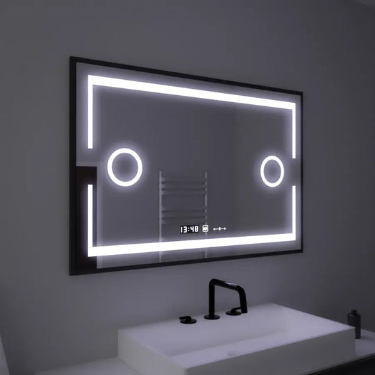 Miroir LED rectangulaire, 120 x 80 cm, capteur Marcello MotionGlow, système de désembuage, horloge et thermomètre, loupe cosmétique, miroirs Marcello à intensité variable Titre par défaut Alessandro Design
