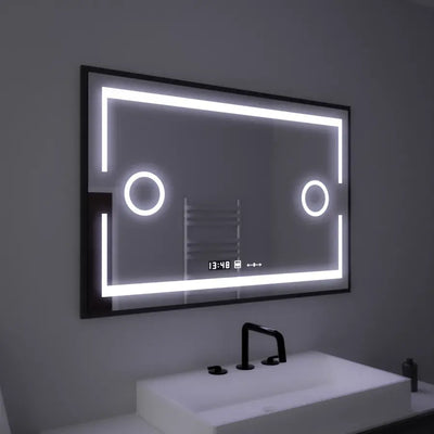 Miroir LED rectangulaire, 120x80cm, capteur Marcello MotionGlow, système anti-buée, horloge et thermomètre, loupe cosmétique, intensité variable