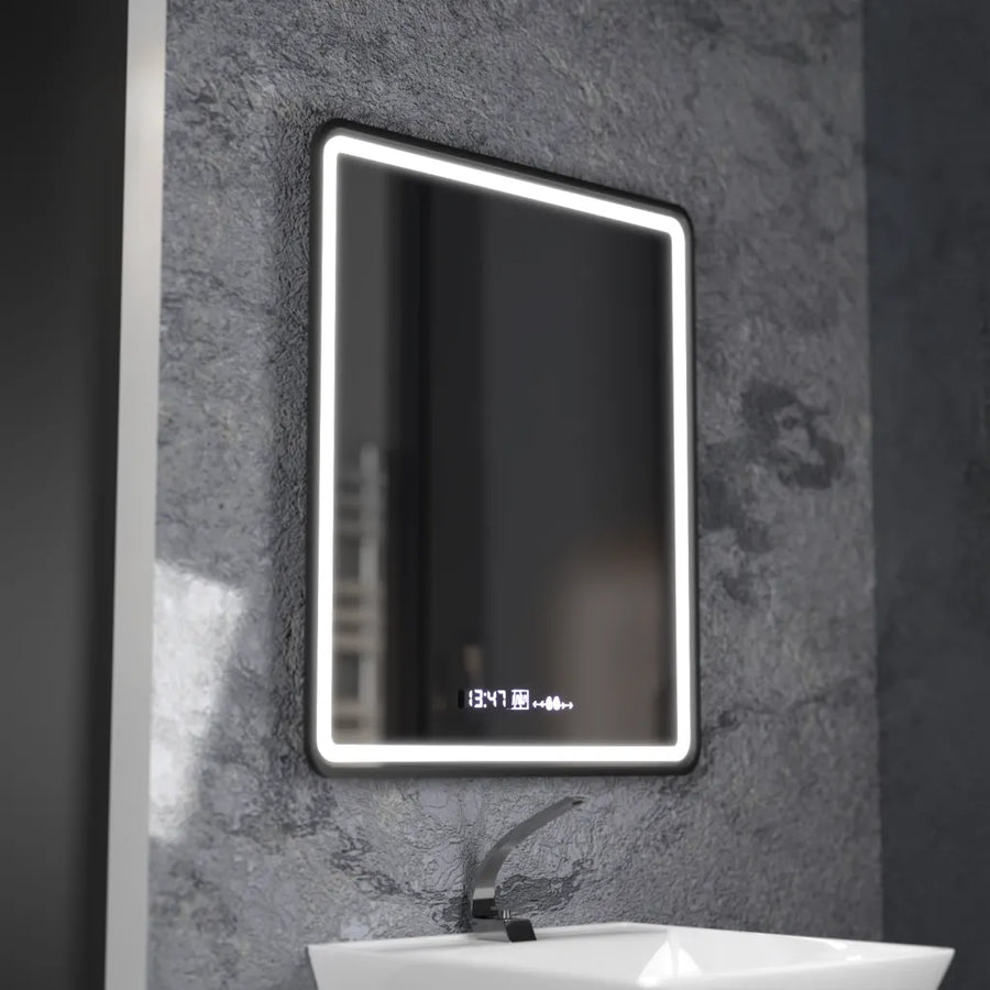 Miroir LED rectangulaire, 75x90 cm, Favola MotionGlow Marcello, système anti-buée, horloge et thermomètre, intensité variable
