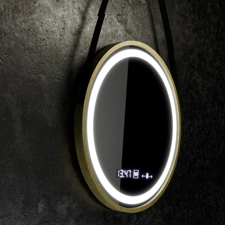 Miroir rond LED, 60 cm, Celeste Royale Gold Eleve MotionGlow Marcello, système anti-buée, horloge et thermomètre, intensité variable, sangle amovible