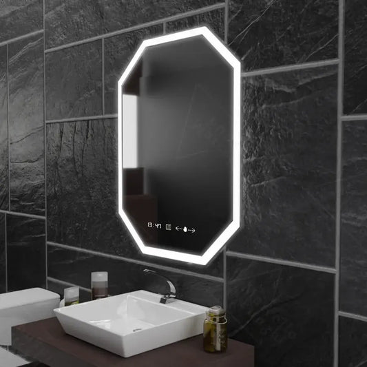 Miroir LED polygone, 60x80cm, capteur Ralya MotionGlow Marcello, système anti-buée, horloge et thermomètre, Dimabila