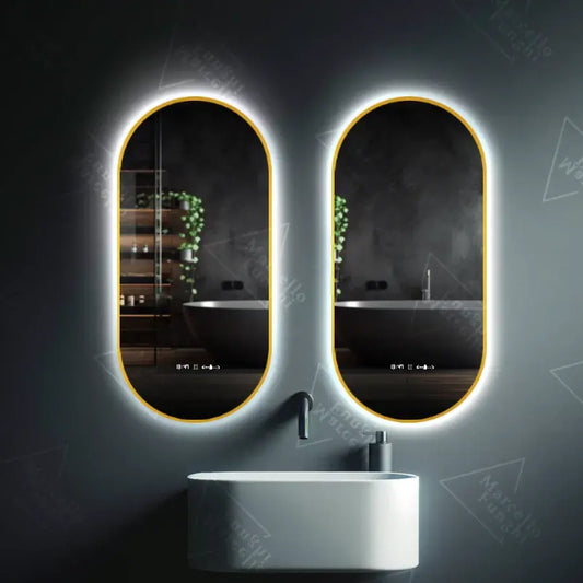 Miroir LED ovale, 60x80cm, capteur Revin Marcello, système anti-buée, horloge et thermomètre, intensité variable