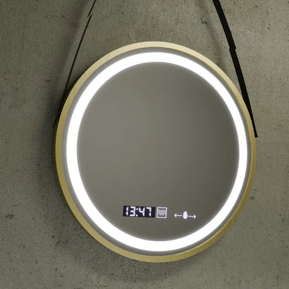 Miroir rond LED, 60 cm, Celeste Royale Gold Eleve MotionGlow Marcello, système anti-buée, horloge et thermomètre, intensité variable, sangle amovible