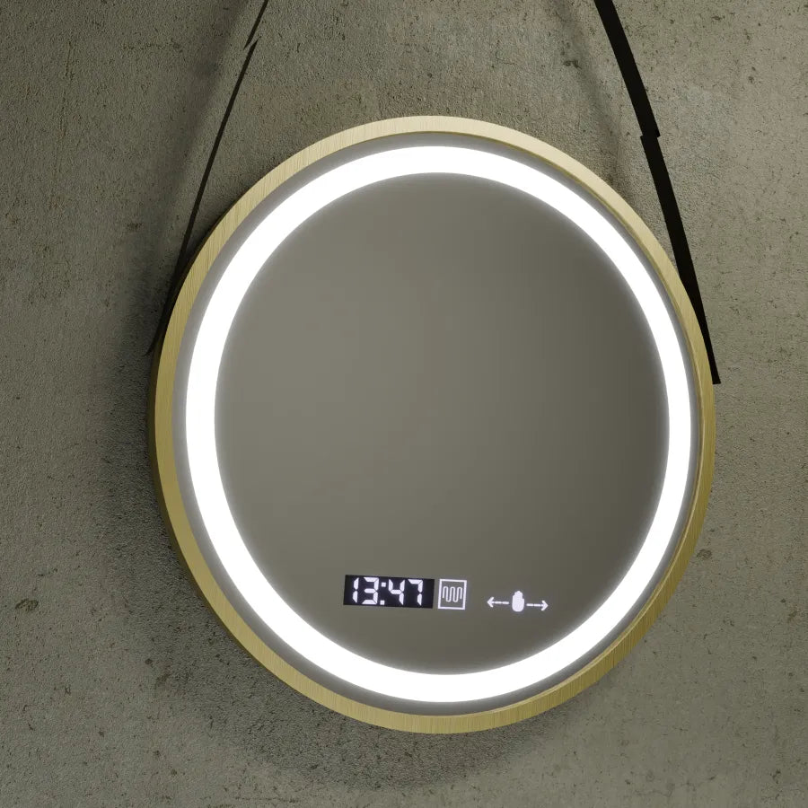 Miroir rond LED, 60 cm, Celeste Royale Gold Eleve MotionGlow Marcello, système anti-buée, horloge et thermomètre, intensité variable, sangle amovible