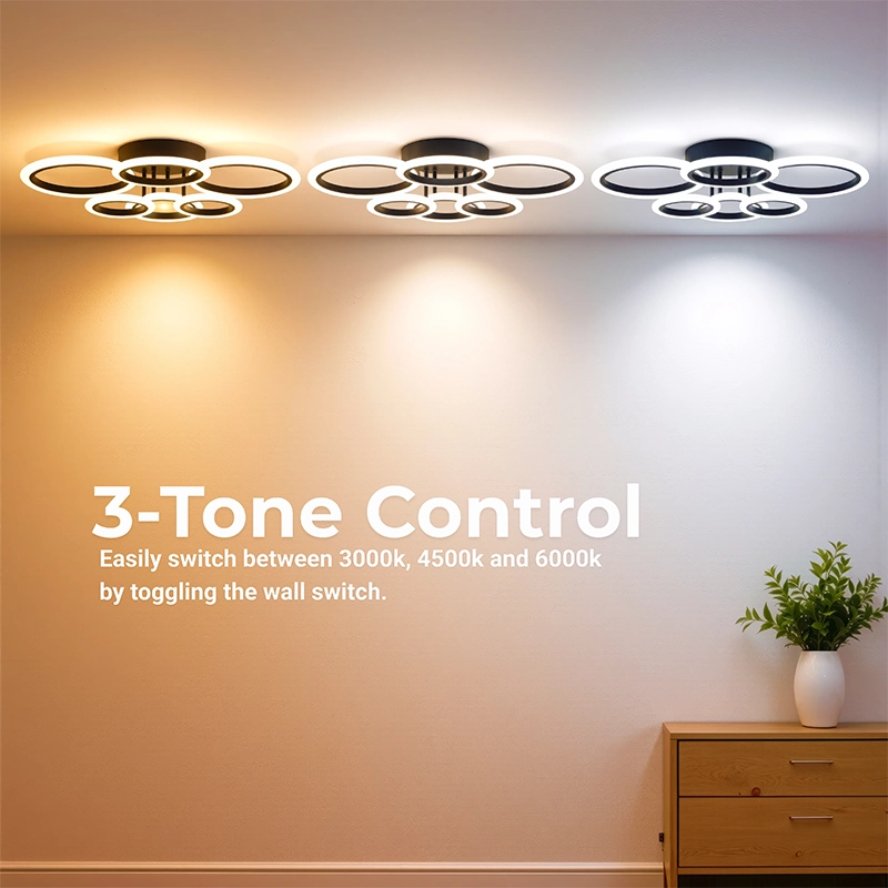 Lustre LED avec télécommande BETTY 82W, 6 Cercles, Lumière Froide/Chaude/Neutre, Dimmable, Noir