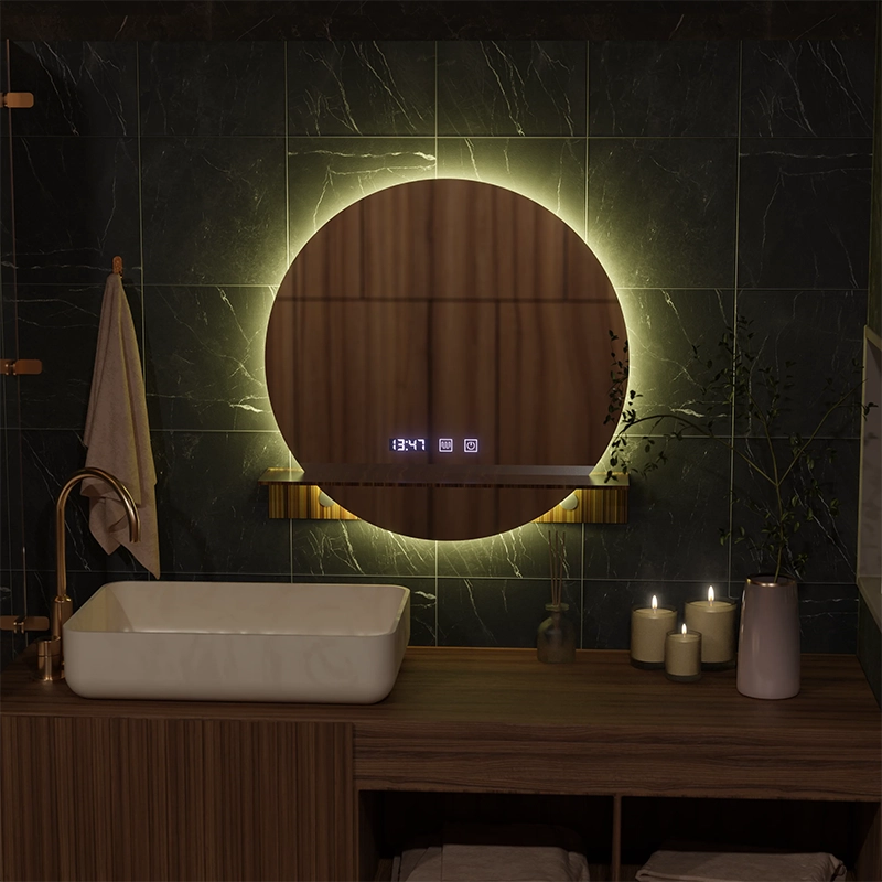 Miroir LED Touch Alfred système de désembuage, horloge et température 60x60 cm avec support intégré