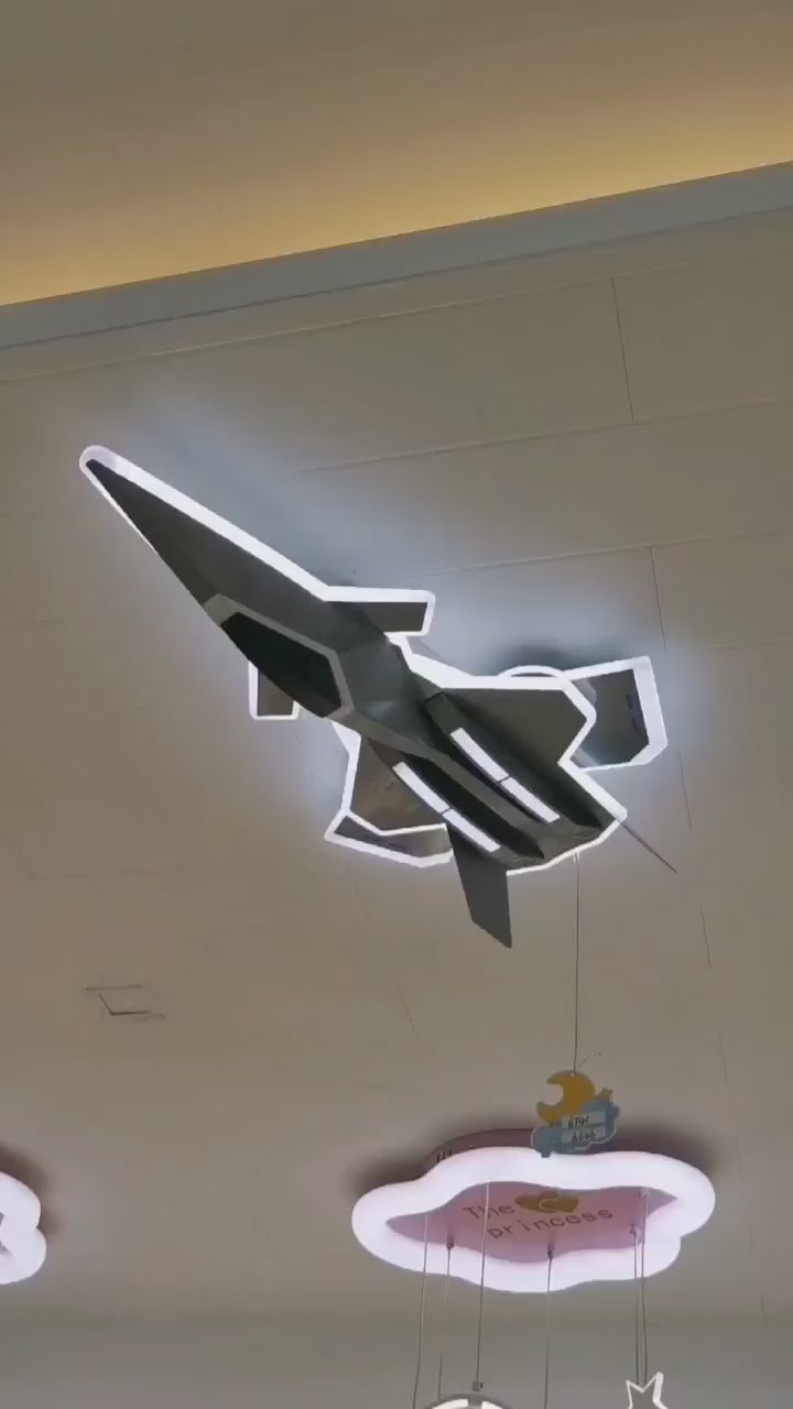 Lustre LED enfant FIGHTER, Type Avion, 101W, Lumière Froid/Chaud/Neutre, Ailes mobiles, Gris aéronautique