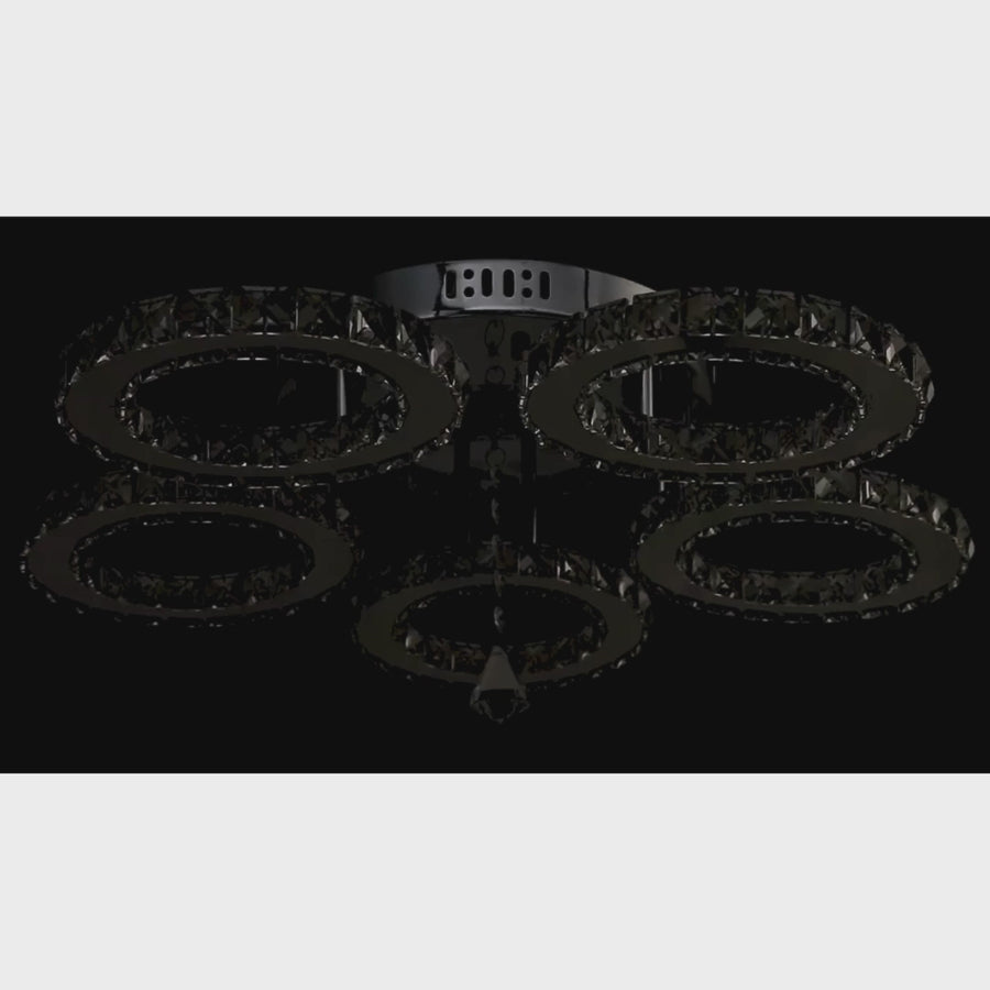 Lustre LED avec télécommande et cristal ALANUBIS 80W, 5 Cercles, Lumière Froide/Chaude/Neutre, Dimmable, Chrome Brillant