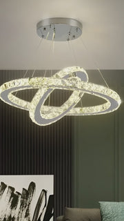 Lustre LED avec télécommande et cristal PRISM LUMINIS 55W, 2 Cercles, Lumière Froide/Chaude/Neutre, Dimmable, Argent, Hauteur Réglable