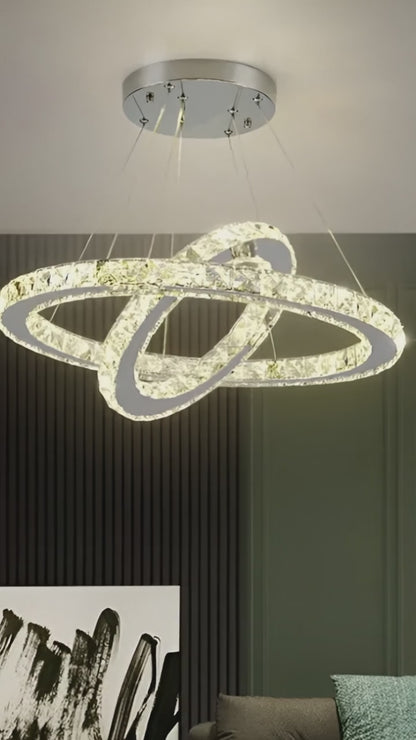 Lustre LED avec télécommande et cristal PRISM LUMINIS 55W, 2 Cercles, Lumière Froide/Chaude/Neutre, Dimmable, Argent, Hauteur Réglable