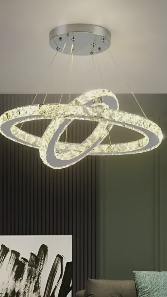 Lustre LED avec télécommande et cristal PRISM LUMINIS 58W, 2 Cercles, Lumière Froid/Chaud/Neutre, Dimmable, Chrome et Blanc, Hauteur réglable