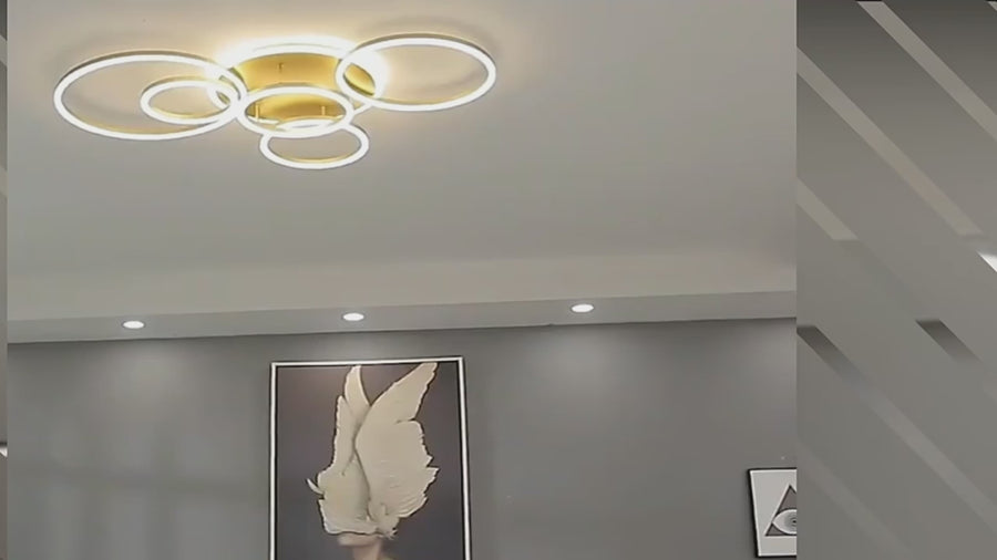 RINOVA Lustre LED avec télécommande, 5 cercles, 137W, Lumière Chaude/Froide/Neutre, Intensité Variable, Or