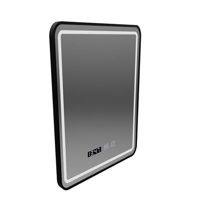 Miroir LED Tactile LUCIDA Système de Désembuage, Horloge et Température 50x70 cm Cadre Noir Brossé