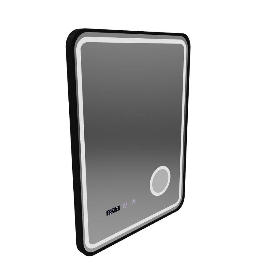 Ulrich Miroir Tactile LED Système de Désembuage, Horloge et Température Loupe Cosmétique Cadre Noir Brossé 60x80 cm