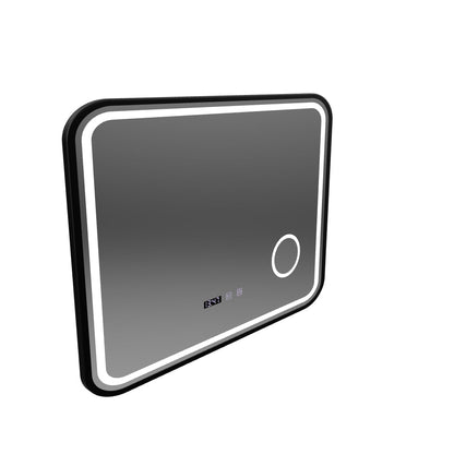 Bernd Miroir Tactile LED Système de Désembuage, Horloge et Température Loupe Cosmétique Cadre Noir Brossé 80x60 cm