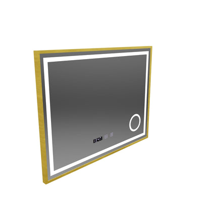 Miroir LED CLARUS Touch, système de désembuage, horloge et température, loupe cosmétique cadre or brossé 80x60 cm