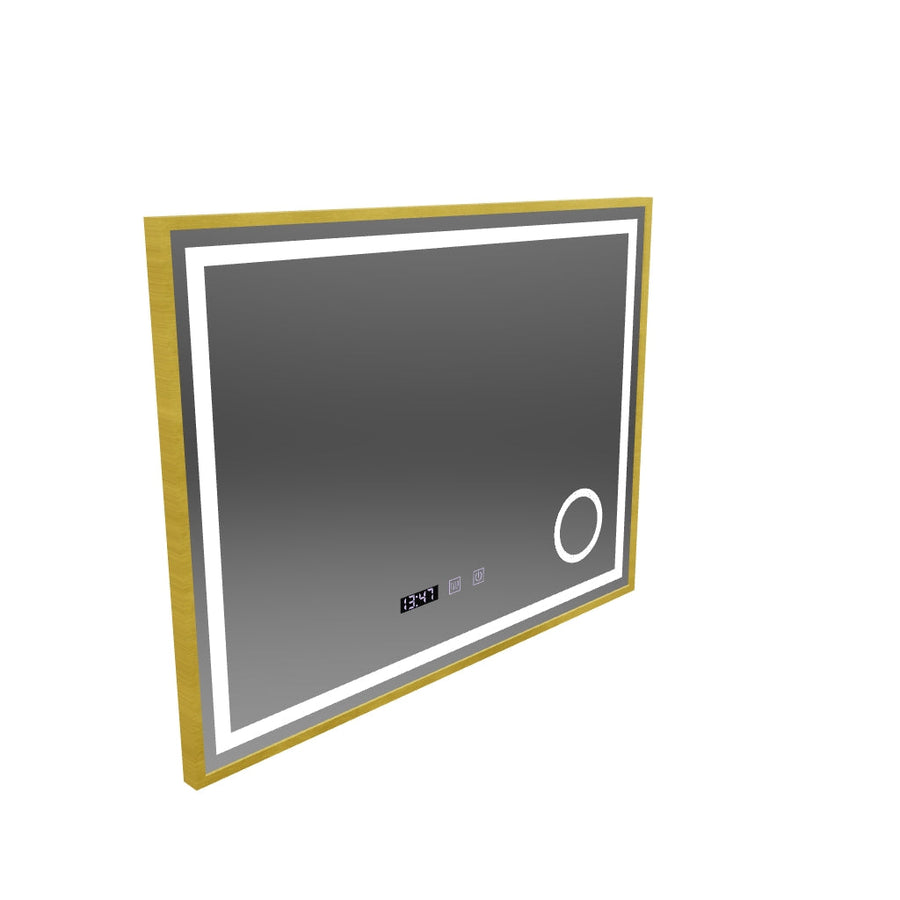Miroir LED CLARUS Touch, système de désembuage, horloge et température, loupe cosmétique cadre or brossé 80x60 cm