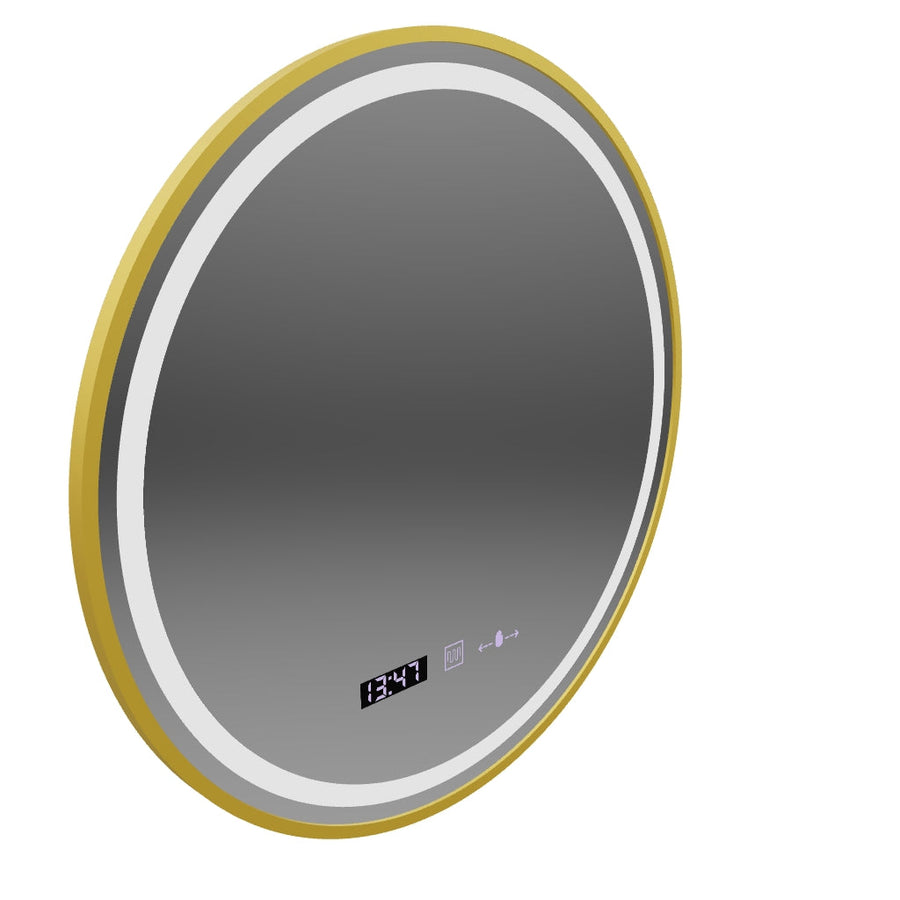 Miroir rond LED, 70 cm, Celeste Royale Gold MotionGlow Marcello, système anti-buée, horloge et thermomètre, intensité variable
