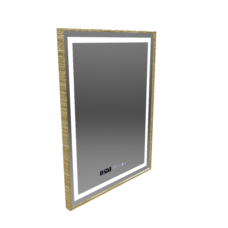 Miroir LED rectangulaire, 60x80 cm, Verite Royale Gold MotionGlow Marcello, système anti-buée, horloge et thermomètre, intensité variable