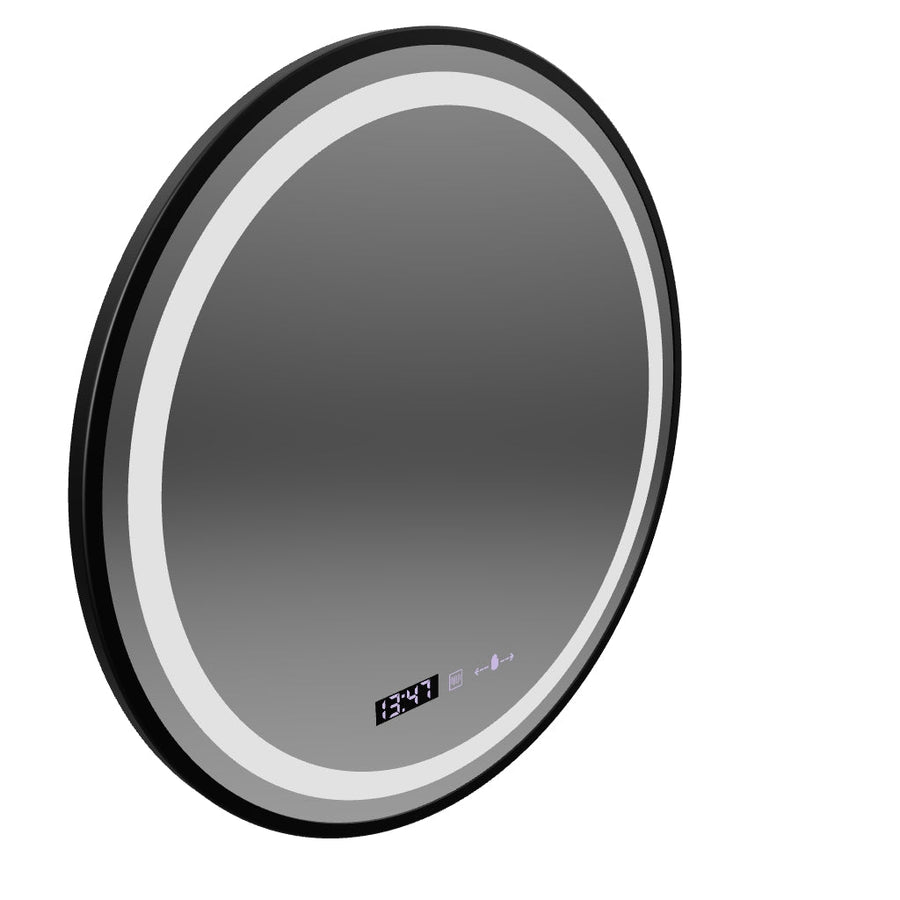 Miroir rond LED, 60 cm, Celeste Majesté Noir MotionGlow Marcello, système anti-buée, horloge et thermomètre, intensité variable