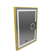 Miroir LED rectangulaire, 60x80 cm, Eclat MotionGlow Marcello, système anti-buée, horloge et thermomètre, loupe cosmétique, intensité variable, cadre doré brossé