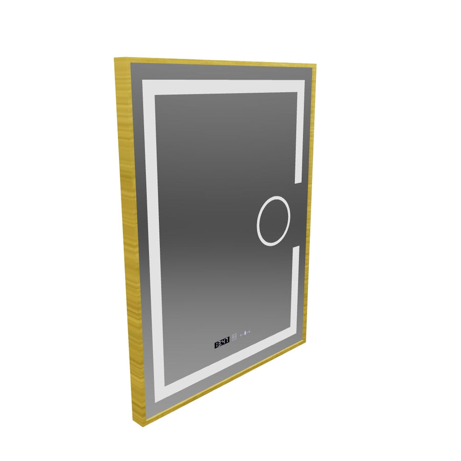 Miroir LED rectangulaire, 60x80 cm, Eclat MotionGlow Marcello, système anti-buée, horloge et thermomètre, loupe cosmétique, intensité variable, cadre doré brossé