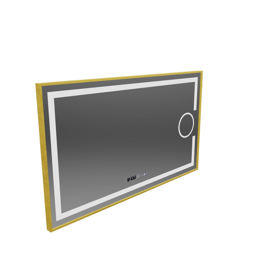 Miroir LED rectangulaire, 110x65cm, Eclat MotionGlow Marcello, système anti-buée, horloge et thermomètre, loupe cosmétique, intensité variable, cadre doré brossé