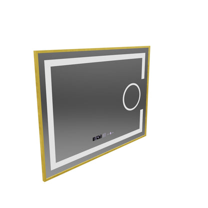 Miroir LED rectangulaire, 80x60 cm, Eclat MotionGlow Marcello, système anti-buée, horloge et thermomètre, loupe cosmétique, intensité variable, cadre doré brossé