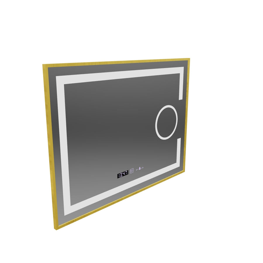 Miroir LED rectangulaire, 80x60 cm, Eclat MotionGlow Marcello, système anti-buée, horloge et thermomètre, loupe cosmétique, intensité variable, cadre doré brossé