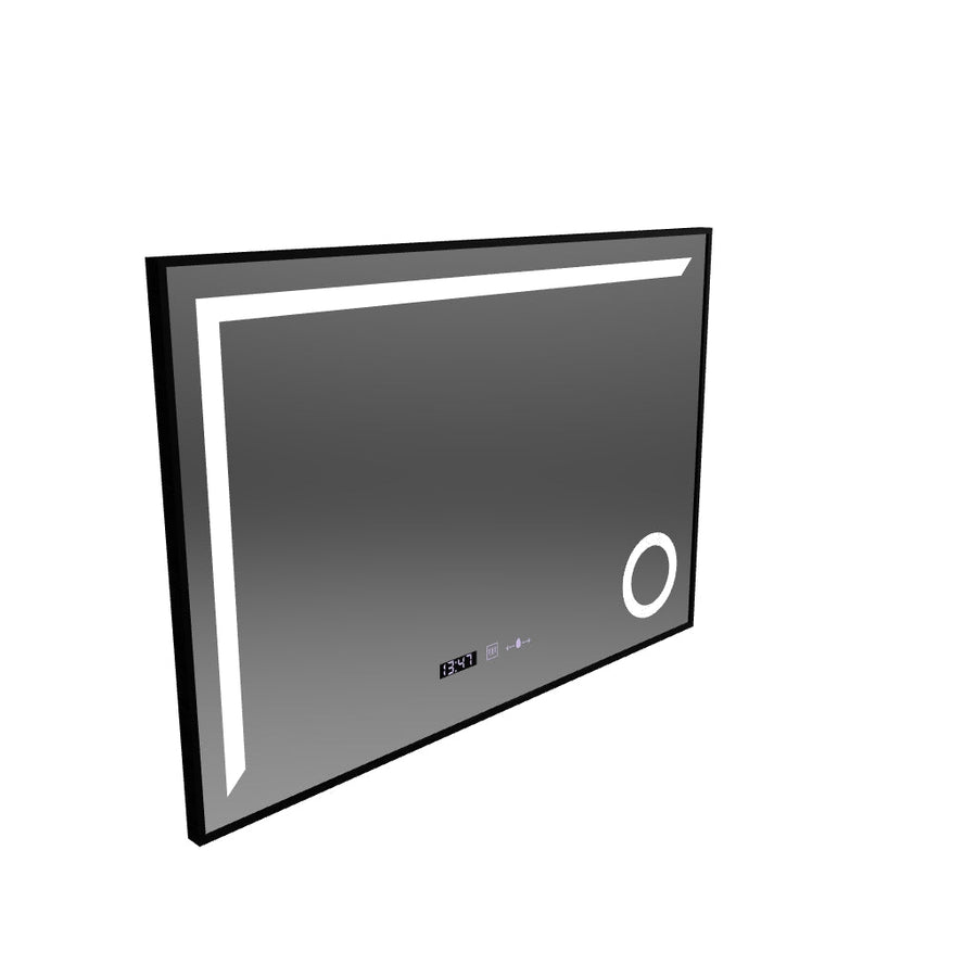 Miroir LED avec capteur MotionGlow Sofia avec fonction anti-buée Thermomètre Horloge 110x75 cm Lumière Chaude/Froide/Neutre Intensité Variable, Cadre Noir Brossé, Collection Marcello Funghi