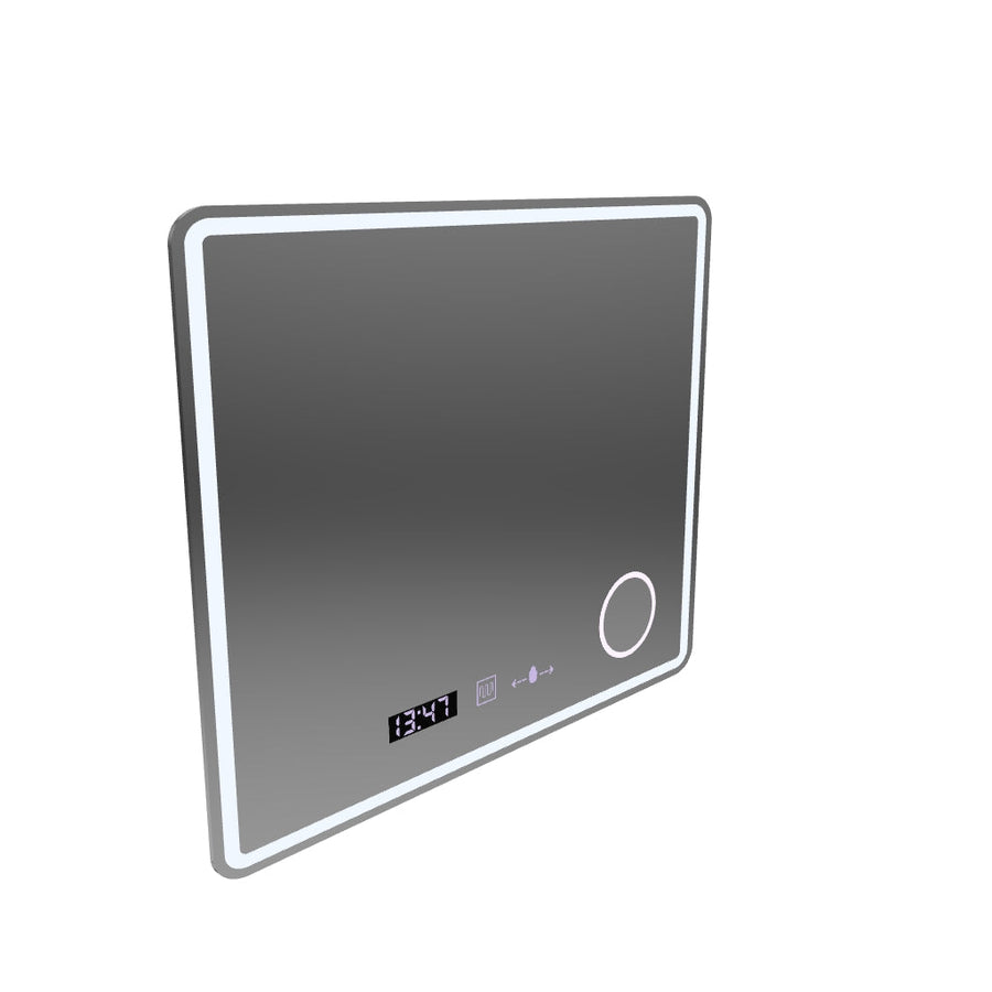 Miroir LED rectangulaire, 90 x 75 cm, Riflesso MotionGlow Marcello, système anti-buée, horloge et thermomètre, loupe cosmétique, variable