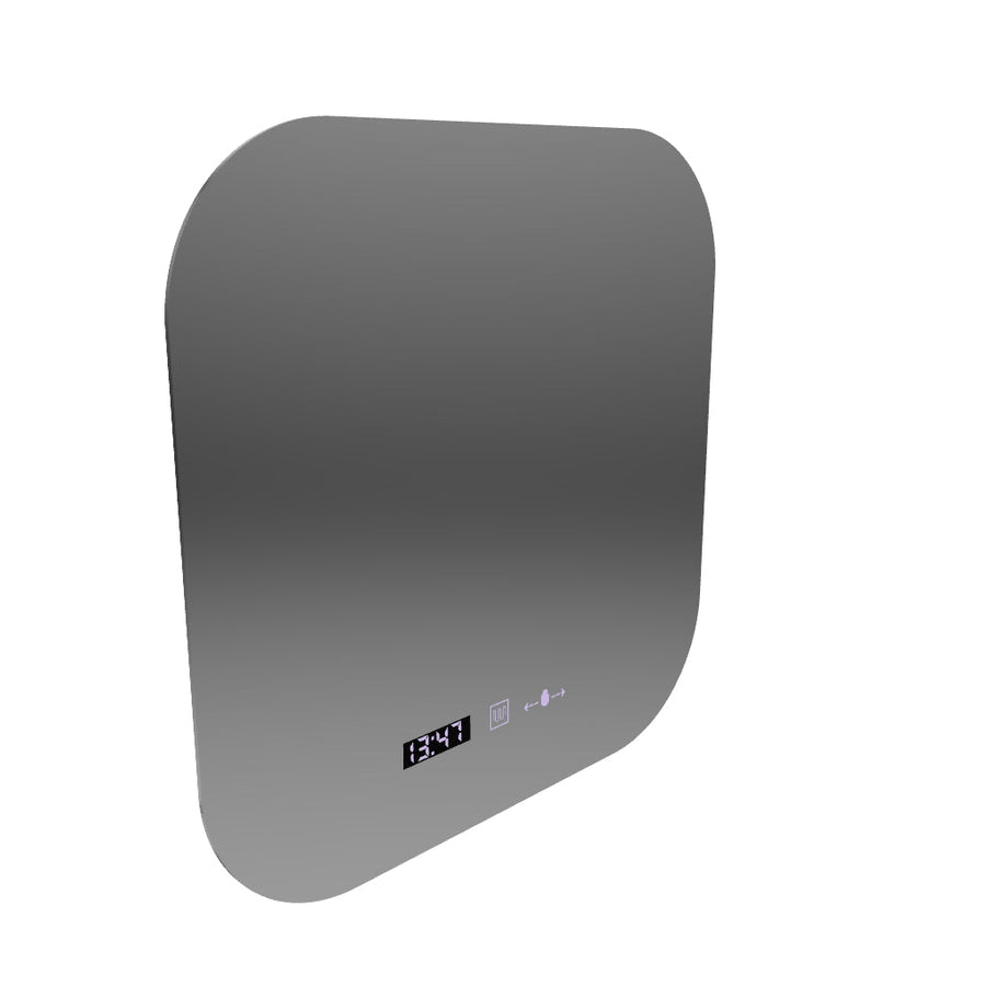Miroir LED rectangulaire 60x60 Aura Riflesso Puro MotionGlow Marcello, système anti-buée, thermomètre et horloge, intensité variable
