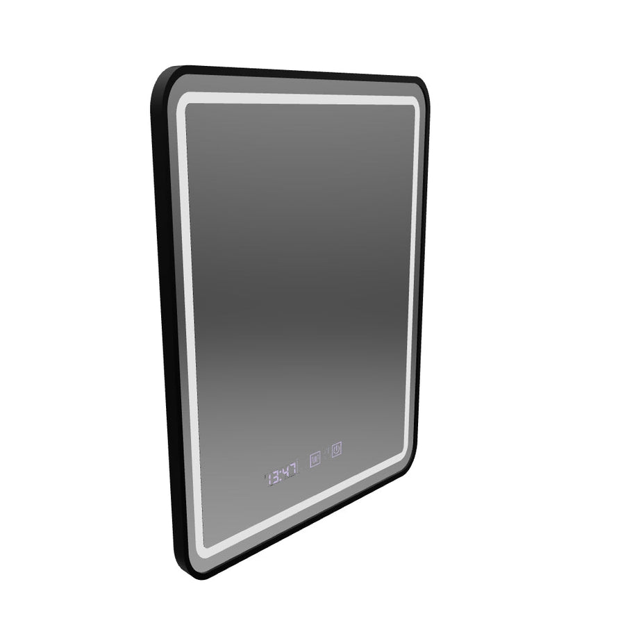 Miroir LED Tactile LUCIDA Système de Désembuage, Horloge et Température 60x80 cm Cadre Noir Brossé