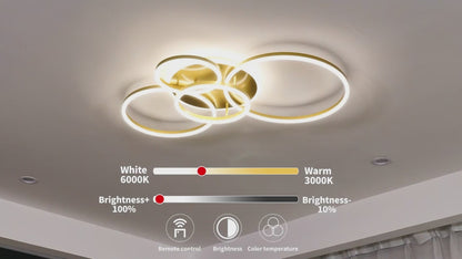RINOVA Lustre LED avec Télécommande, 4 cercles, 112W, Lumière Chaude/Froide/Neutre, Intensité Variable, Or