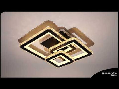 Lustre LED avec télécommande et cristal LEILA 88W, 3 Carrés, Lumière Froid/Chaud/Neutre, Gradable, Chrome Noir Brillant