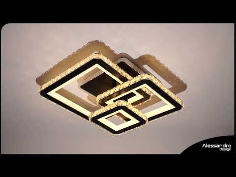 Lustre LED avec télécommande et cristal LEILA 88W, 3 Carrés, Lumière Froid/Chaud/Neutre, Dimmable, Chrome Noir Brillant