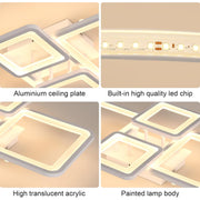 Lustre LED avec télécommande ELLA 67W, 4 carrés, Lumière Froide/Chaude/Neutre, Dimmable, Blanc