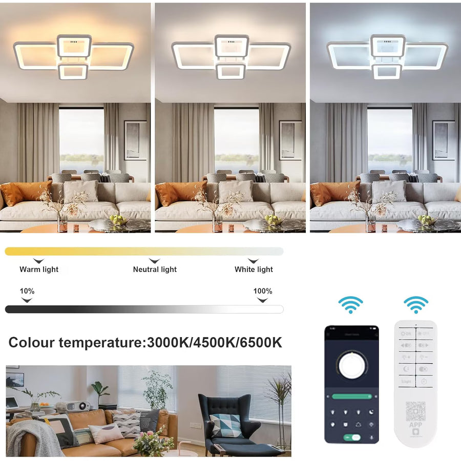 Lustre LED avec télécommande ELLA 67W, 4 carrés, Lumière Froide/Chaude/Neutre, Dimmable, Blanc