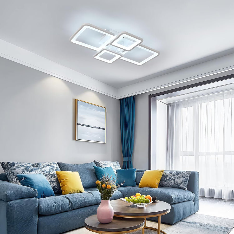 Lustre LED avec télécommande ELLA 67W, 4 carrés, Lumière Froide/Chaude/Neutre, Dimmable, Blanc