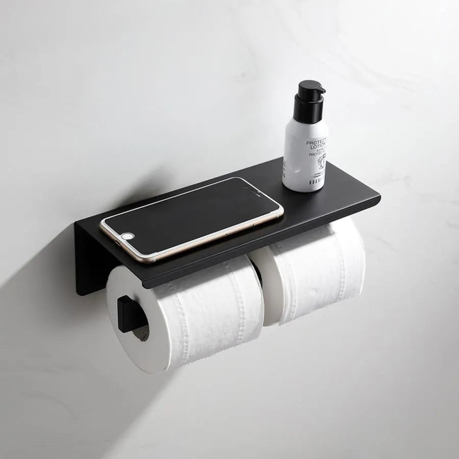 Porte-Papier Hygiénique Double avec Support Téléphone/Parfum Noir GJ603