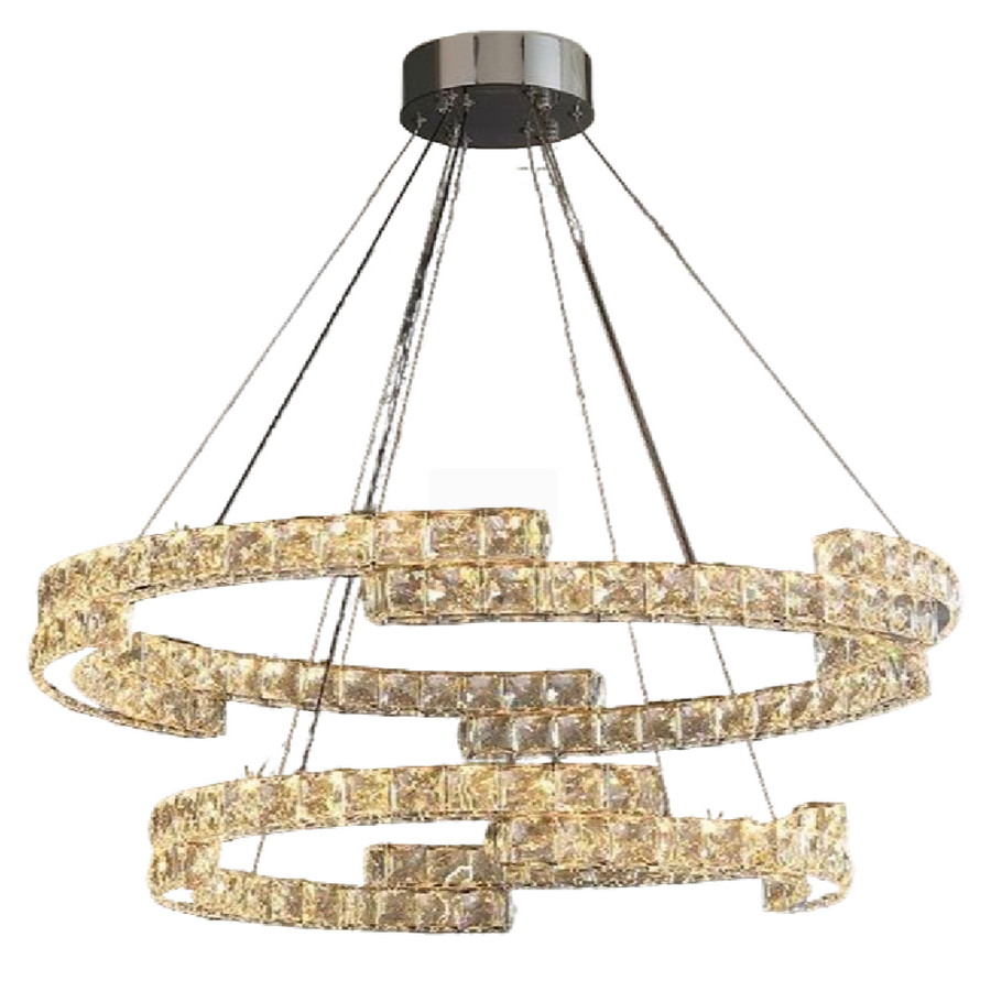 Lustre LED suspendu avec télécommande et cristal MIA LATIFAH 55W, 2 Cercles, Lumière Froid/Chaud/Neutre, Dimmable, Chrome Brillant, Hauteur Réglable