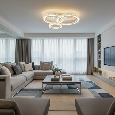 Lustre LED avec télécommande et cristal NOVA ROTONDA RGB 75W, 3 Cercles, Lumière Froide/Chaude/Neutre, Dimmable, Blanc